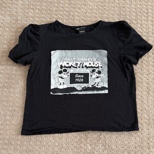 Zara Black Short Puff Sleeve Tee with Mickey & Minnie Graphic Vintage Print